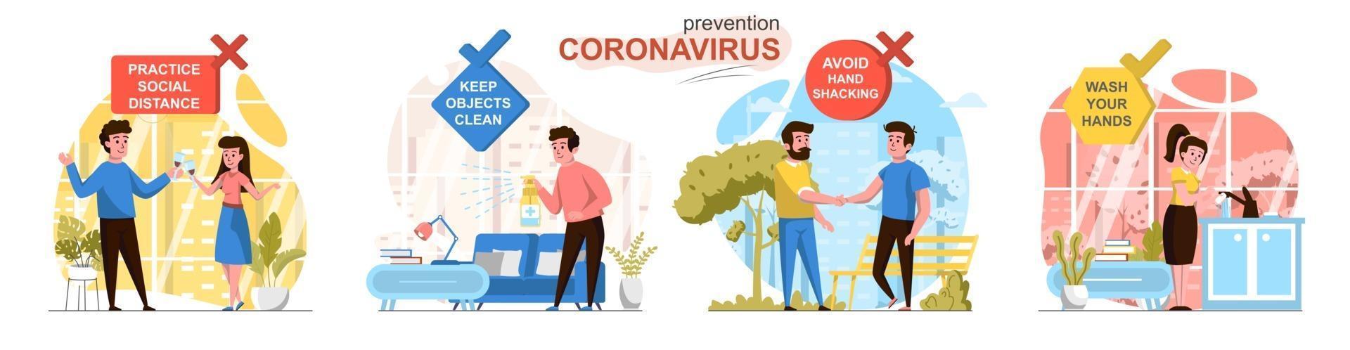 prevención de coronavirus escenas de concepto de diseño plano vector