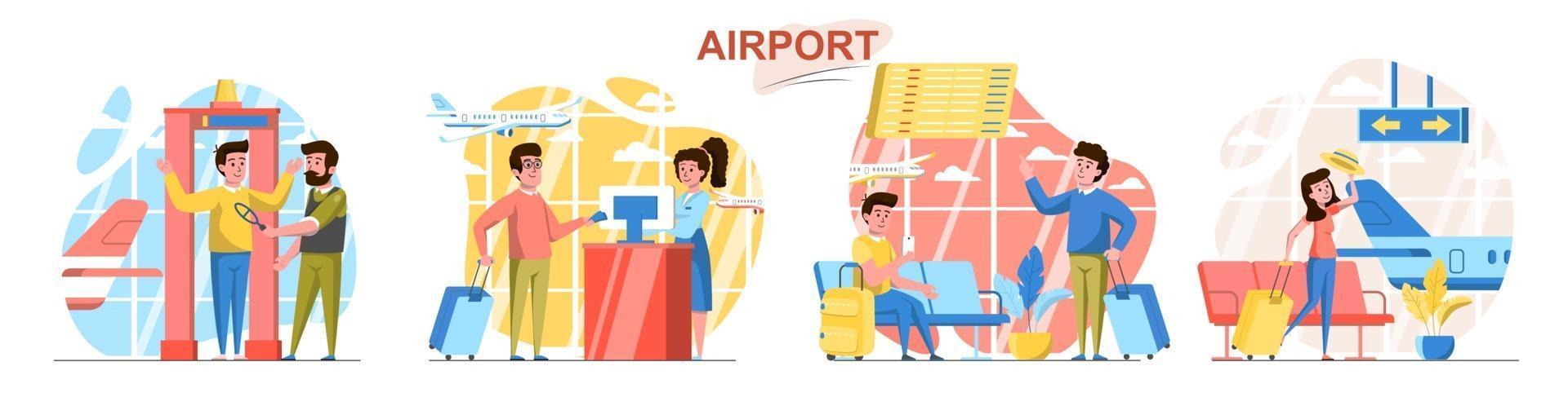 Airport flat design concept scenes set vector