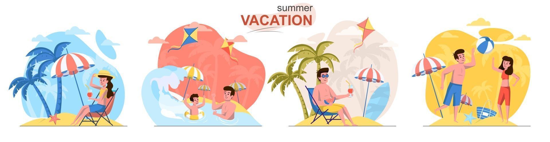 Summer vacation flat design concept scenes set vector