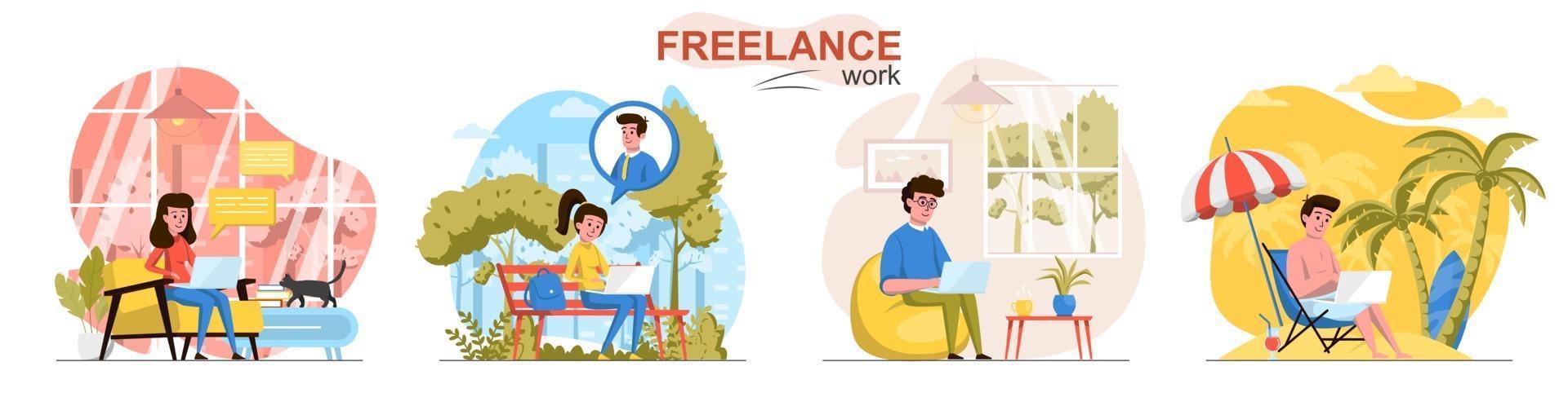 Freelance work flat design concept scenes set vector