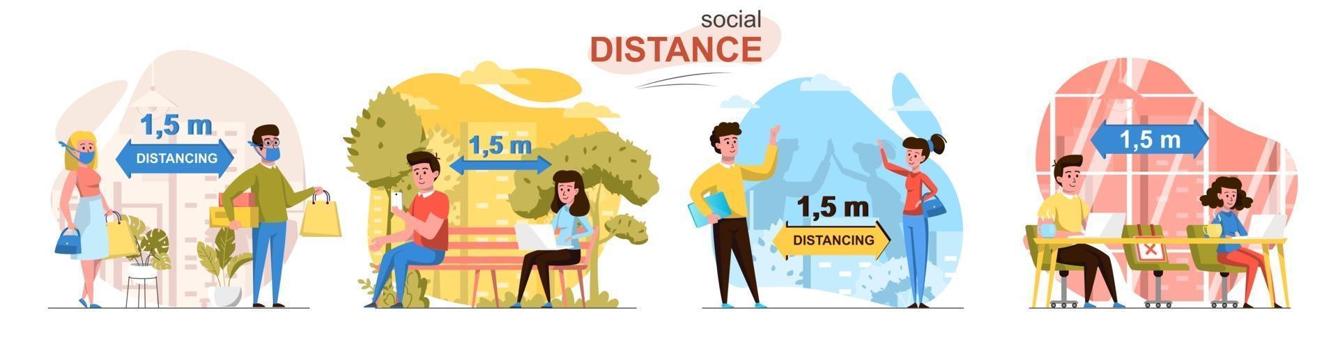 Social distance flat design concept scenes set vector