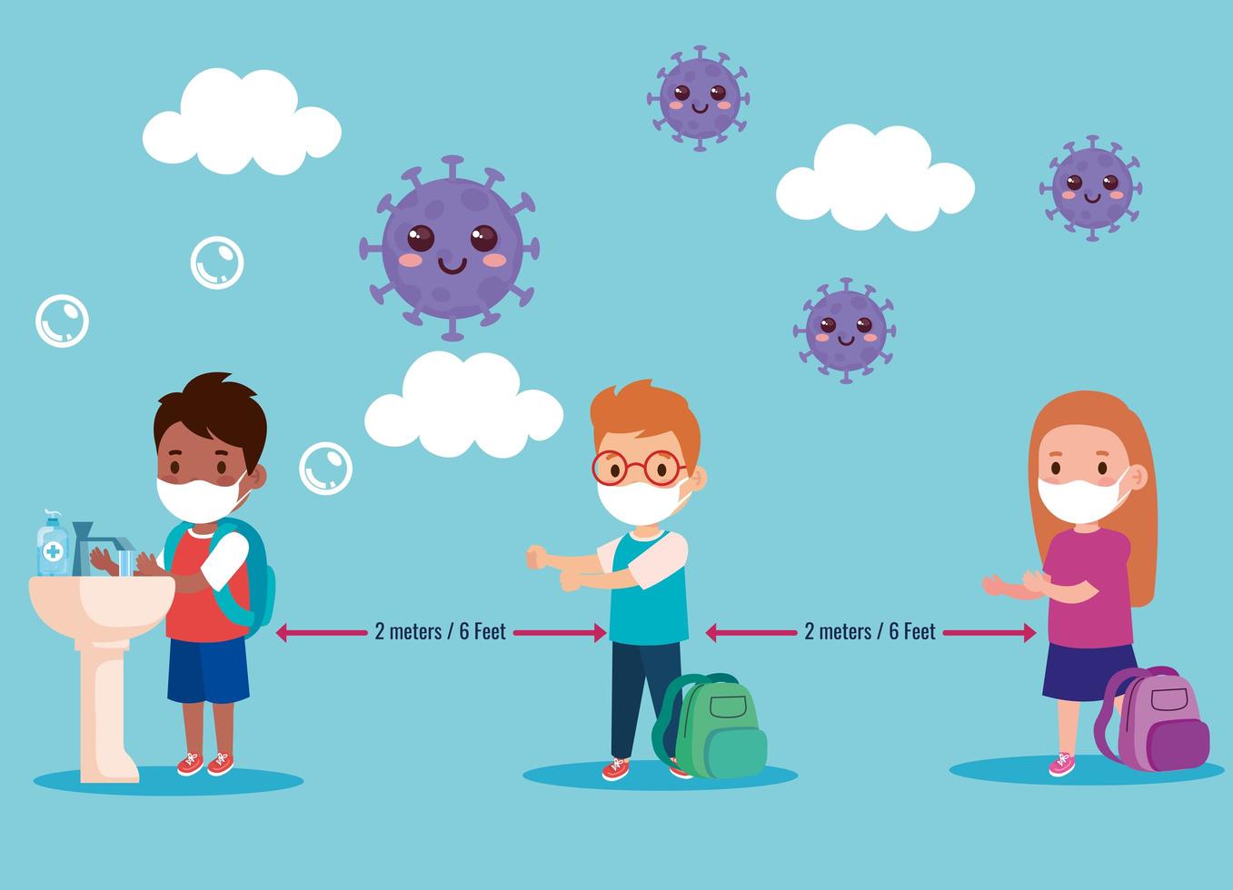 back to school for new normal lifestyle concept, kids wearing medical mask and social distancing protect coronavirus covid 19 vector