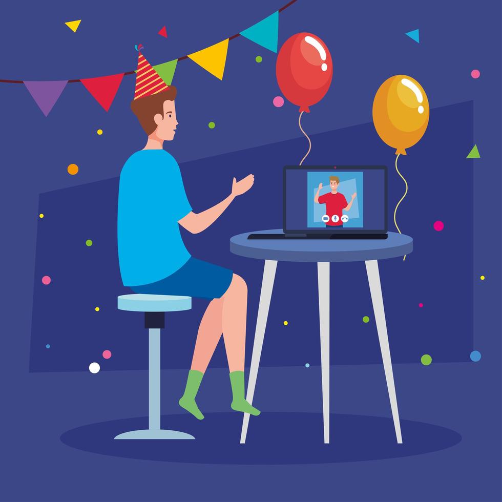 online party, meeting friends, men have online party together in quarantine, video conference in laptop , party web camera online holiday vector