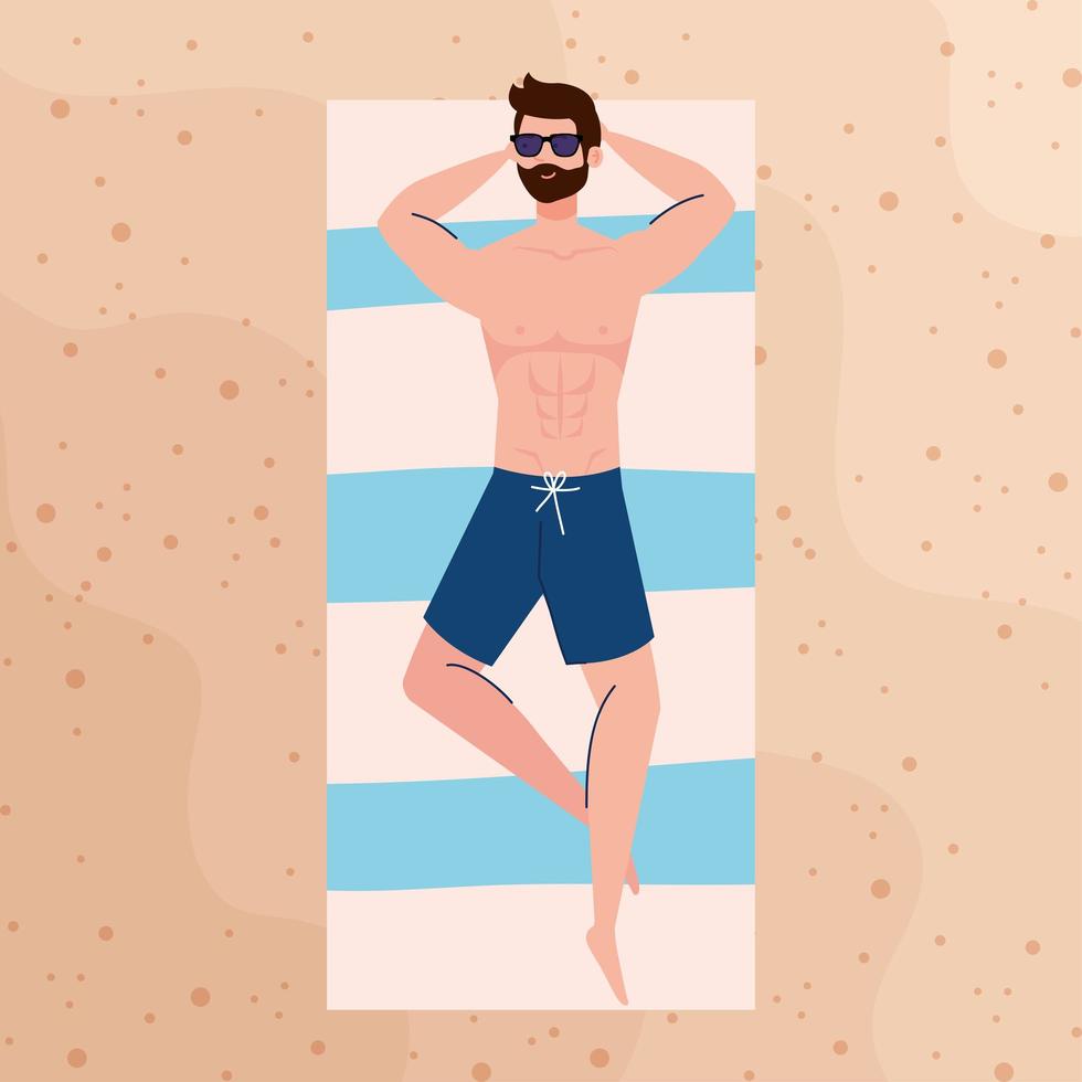 view aerial, man lying tanning in the beach, summer vacation season vector