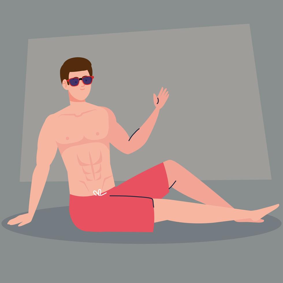man in shorts, happy guy in swimsuit sitting on the floor vector