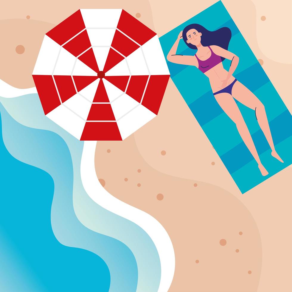 view aerial, woman with swimsuit lying tanning in the beach, summer vacation season vector