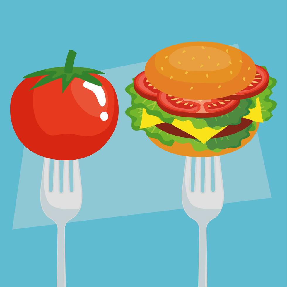 fast food and vegetable, hamburger and tomato in fork vector