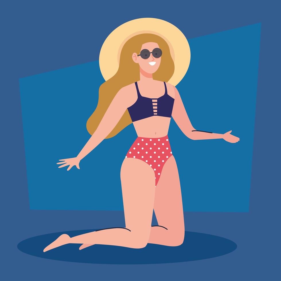Mujer con traje de baño con sombrero de verano, temporada de vacaciones. vector