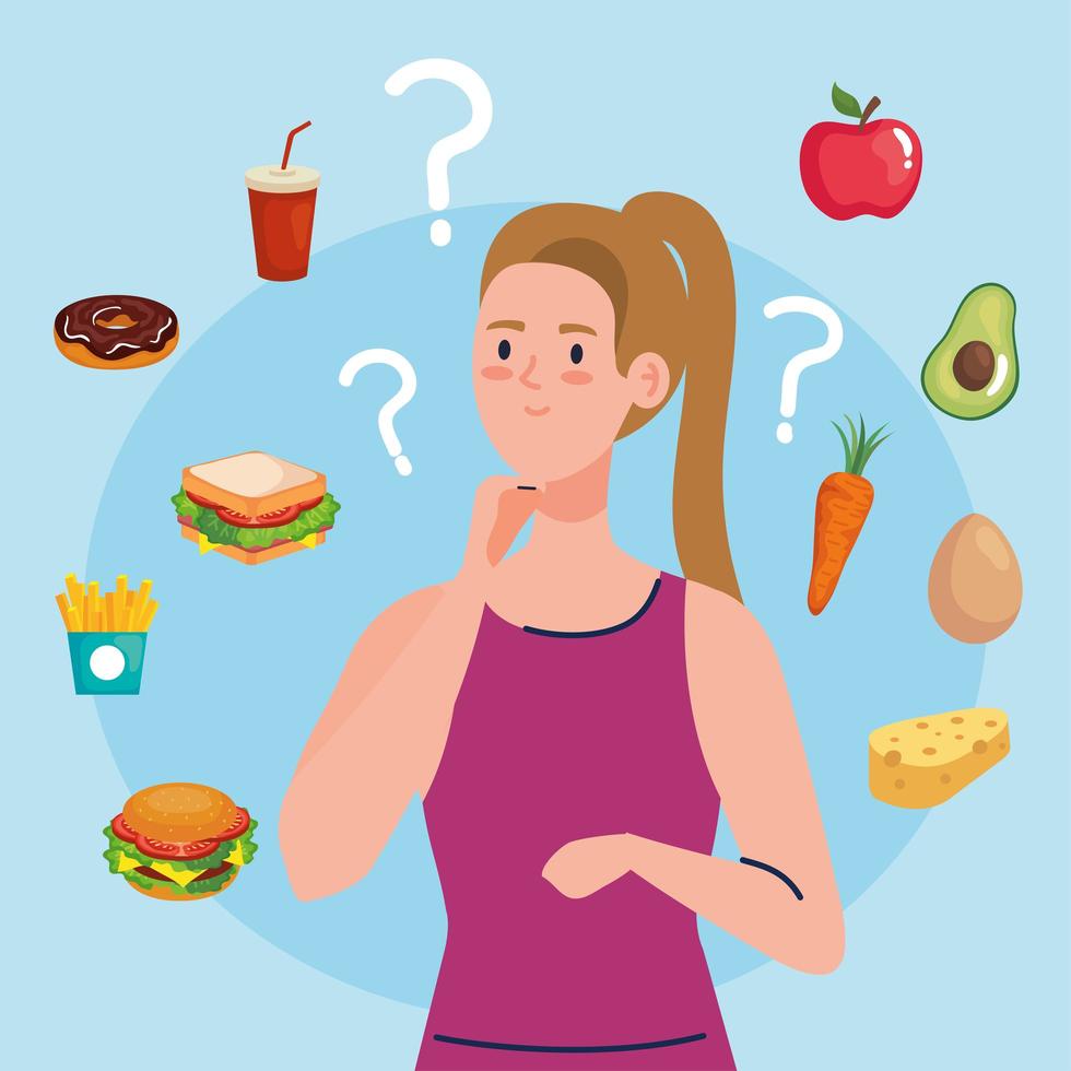 woman choosing between healthy and unhealthy food, fast food vs balanced menu vector