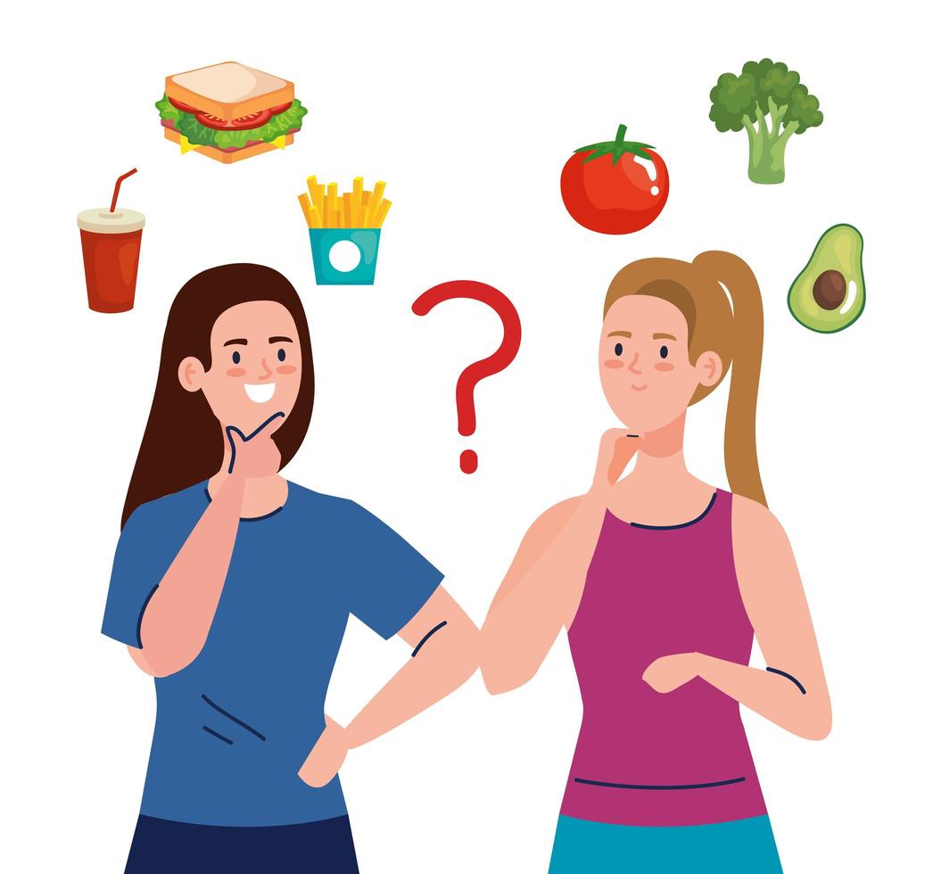 women choosing between healthy and unhealthy food, fast food vs balanced menu vector