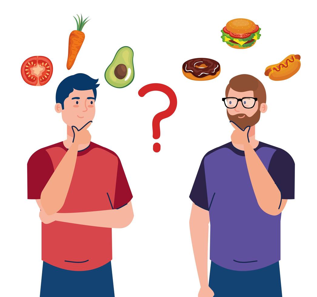 men choosing between healthy and unhealthy food, fast food vs balanced menu vector