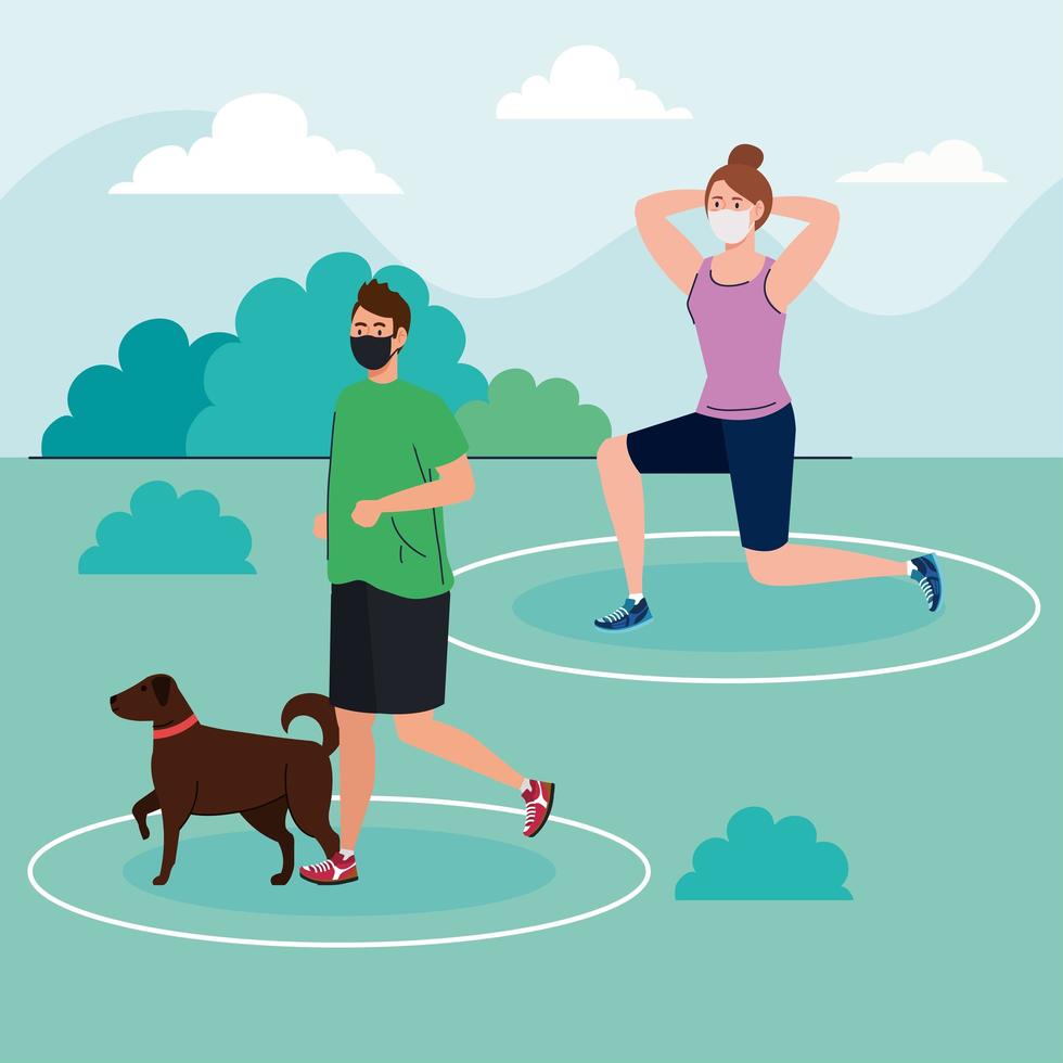 distanciamiento social, pareja con mascarilla médica, mujer y hombre practicando deporte en el parque con perro mascota, prevención coronavirus covid 19 vector