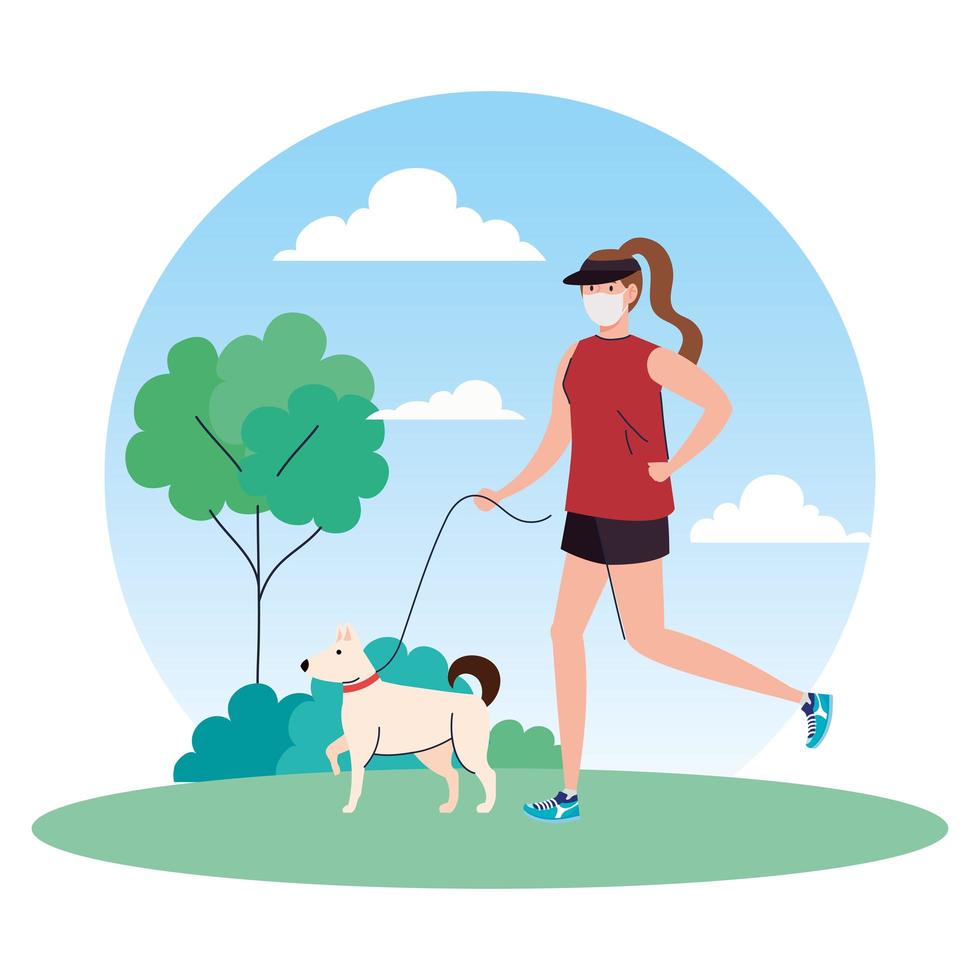 mujer en ropa deportiva con máscara médica, con perro al aire libre, prevención coronavirus covid 19 vector