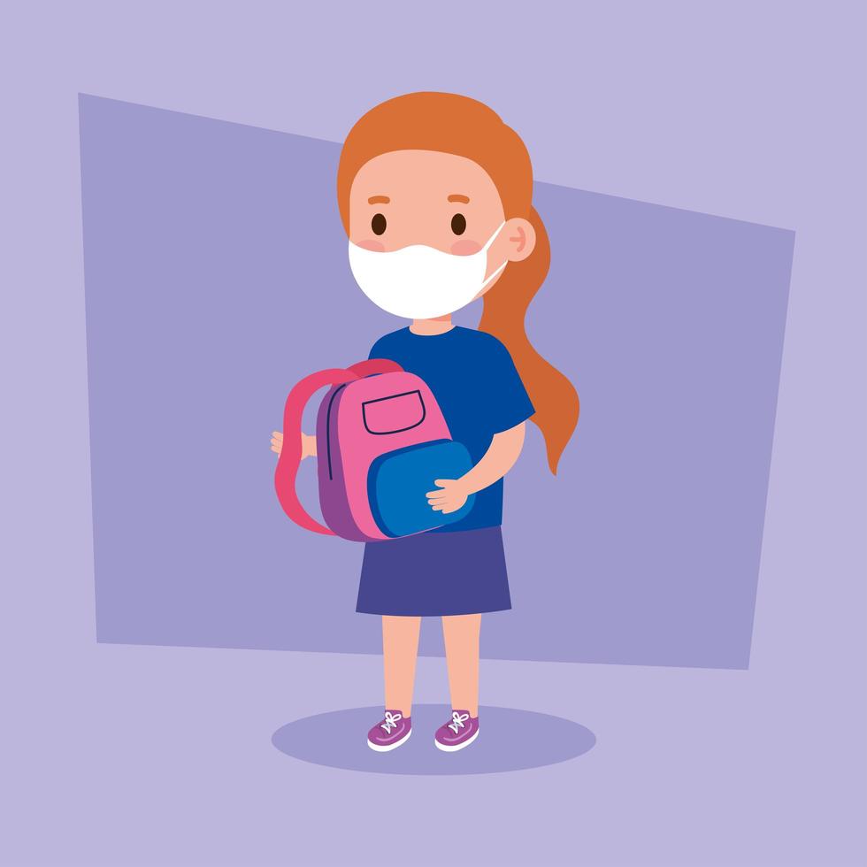 cute girl wearing medical mask to prevent coronavirus covid 19 with school bag, student girl wearing protective medical mask with school bag vector