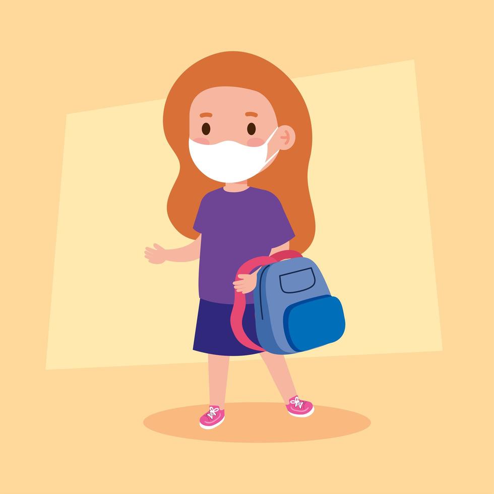 linda chica con máscara médica para prevenir el coronavirus covid 19 con mochila escolar, estudiante con máscara médica protectora con mochila escolar vector