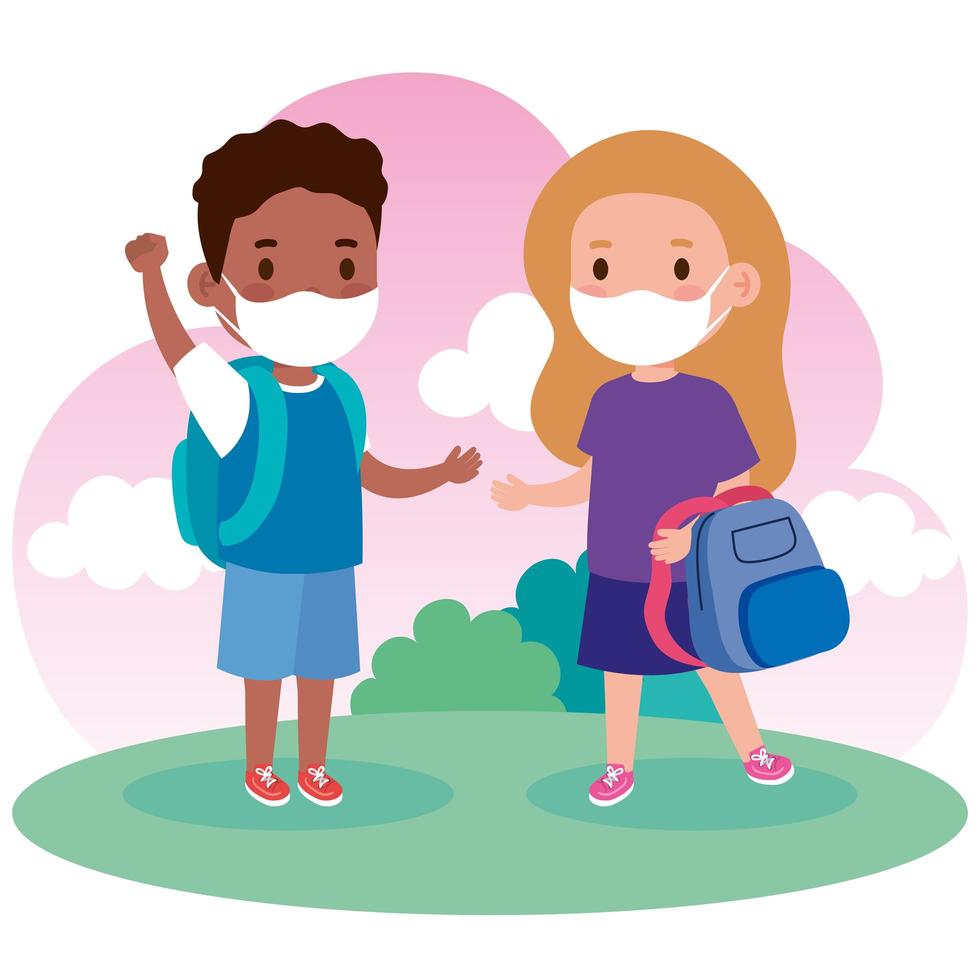 cute kids wearing medical mask to prevent coronavirus covid 19 with school bag, little students wearing protective medical mask vector