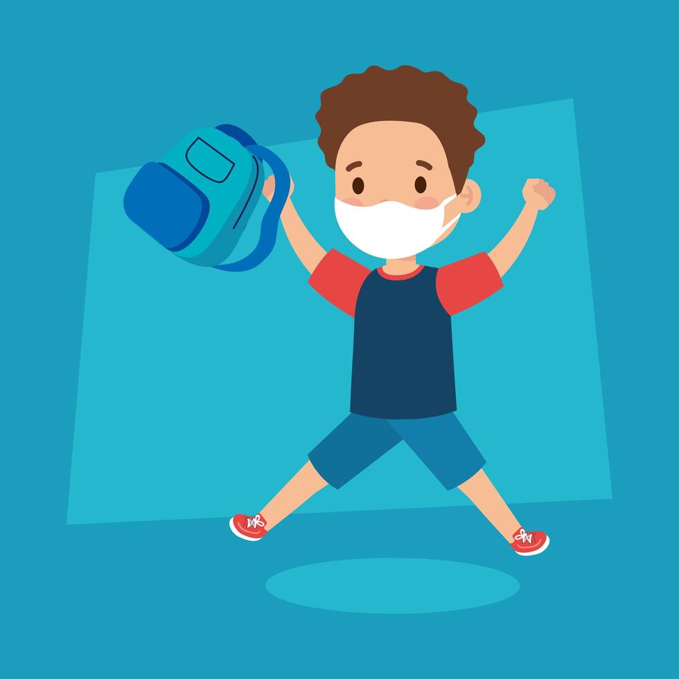cute boy wearing medical mask to prevent coronavirus covid 19 with school bag, student boy wearing protective medical mask with school bag vector