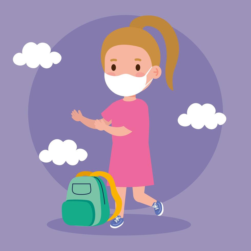 cute girl wearing medical mask to prevent coronavirus covid 19 with school bag, student girl wearing protective medical mask with school bag vector