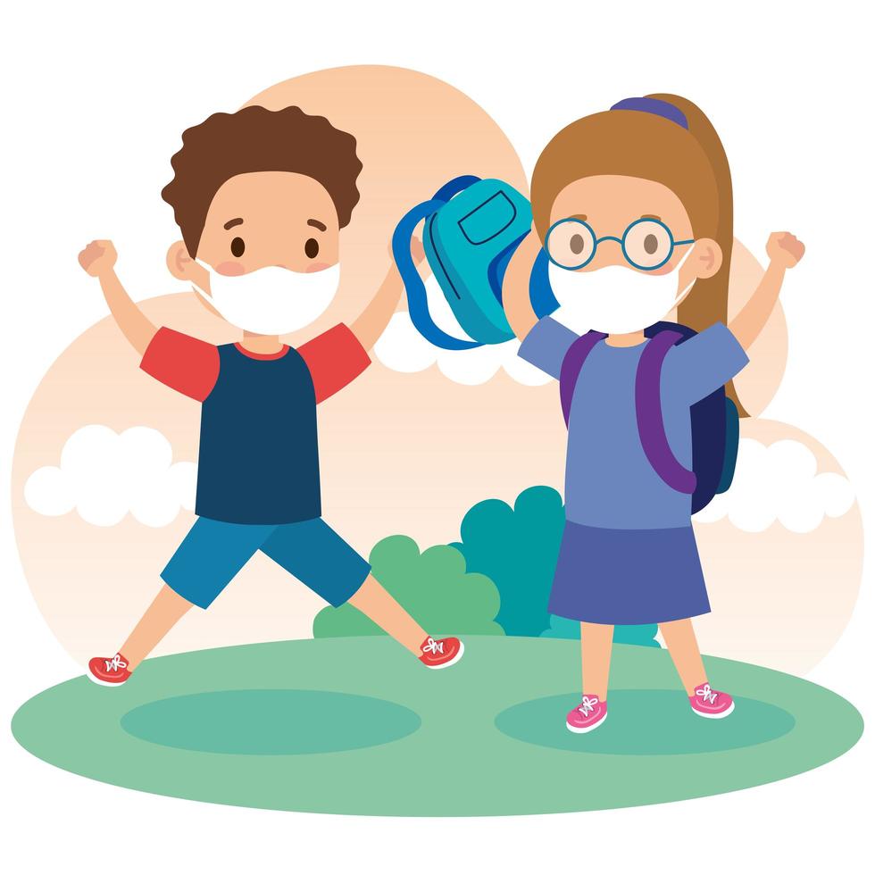 cute kids wearing medical mask to prevent coronavirus covid 19 with school bag, little students wearing protective medical mask vector