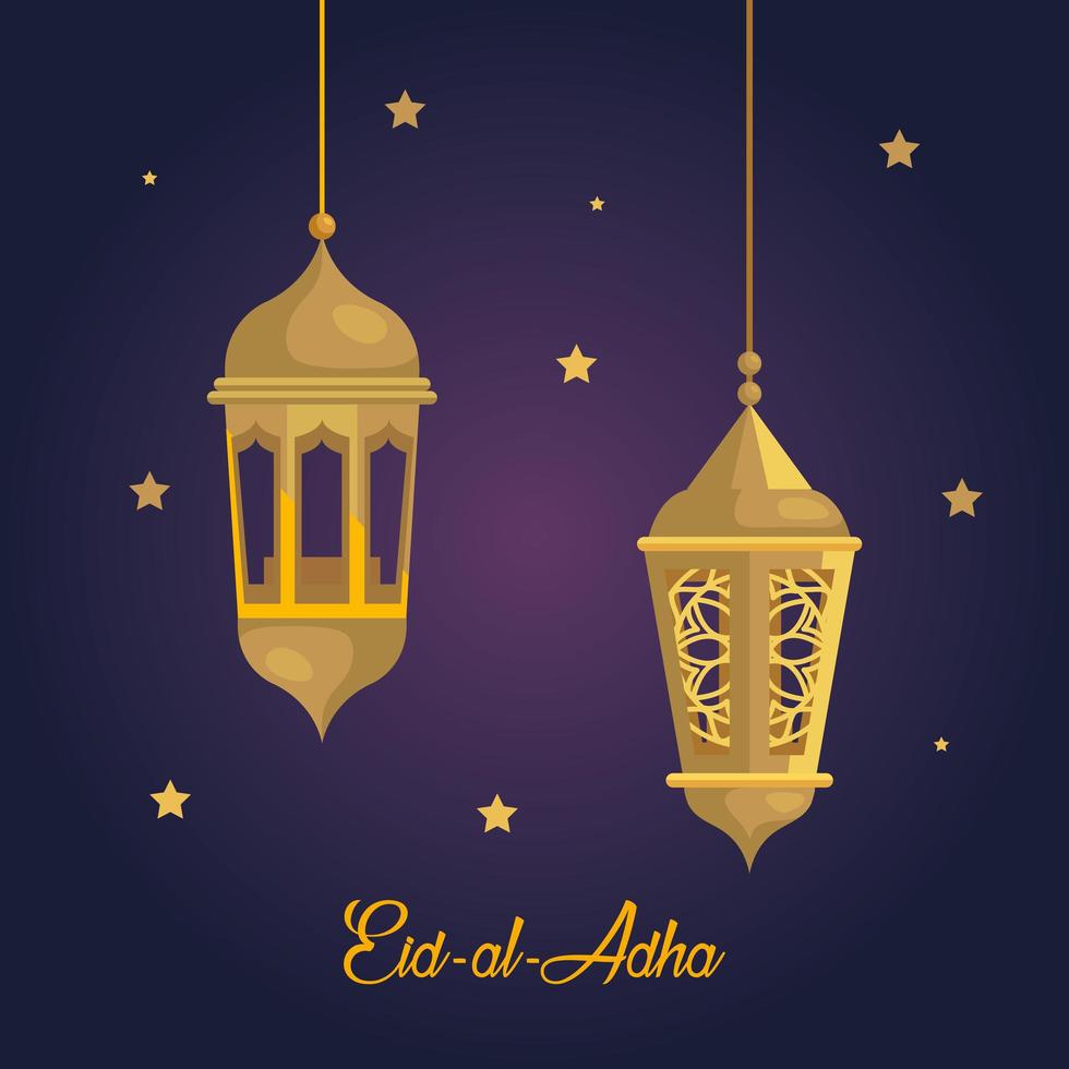 eid al adha mubarak, feliz fiesta de sacrificio, con linternas doradas colgando y decoración de estrellas vector