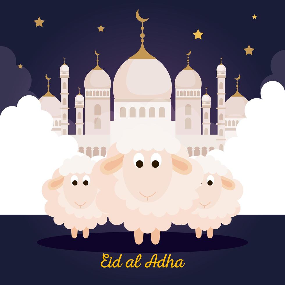 celebration of muslim community festival eid al adha, card with sacrificial sheep and monument tradicional on cloudy night vector
