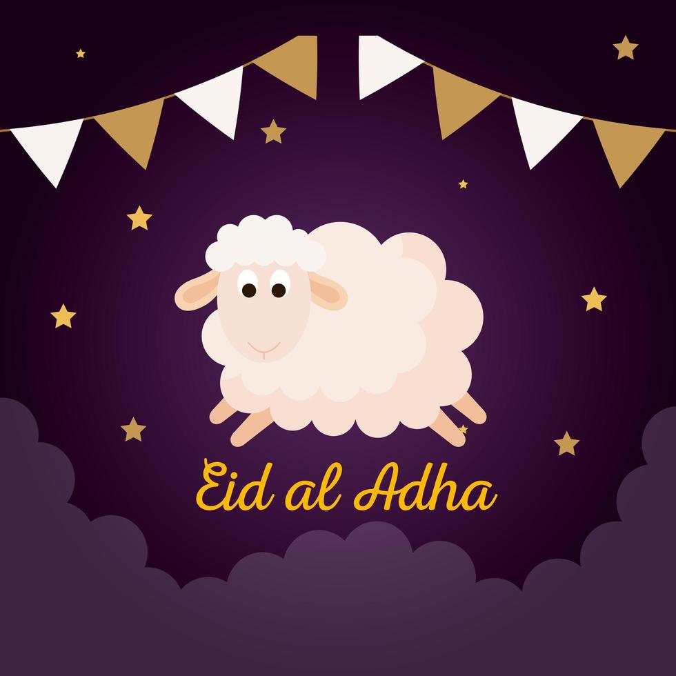 celebración del festival de la comunidad musulmana eid al adha, tarjeta con ovejas sacrificadas y guirnaldas sobre fondo de noche nublada vector