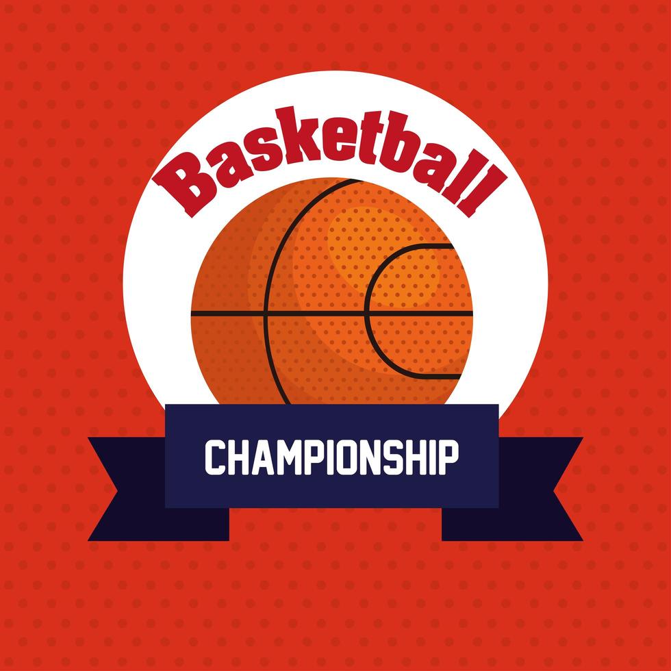 Campeonato de baloncesto, emblema, diseño con pelota de baloncesto, con decoración de cinta. vector