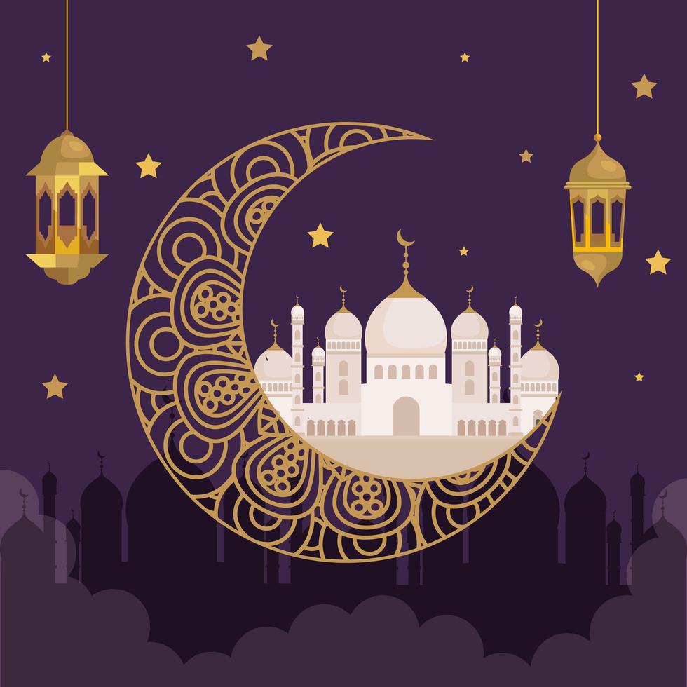 eid al adha mubarak, happy sacrifice feast, with golden lanterns hanging decoration, moon and monuments traditional vector