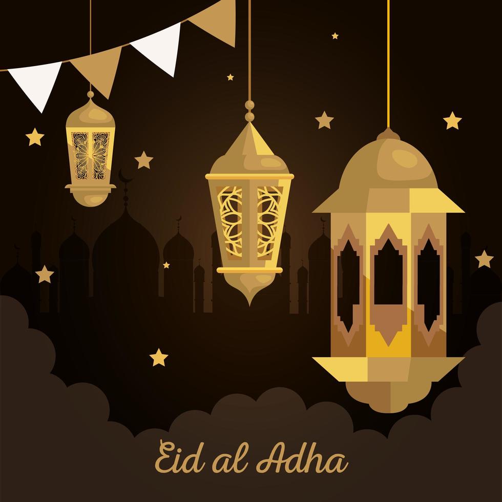 eid al adha mubarak, happy sacrifice feast, with golden lanterns and garlands hanging decoration vector