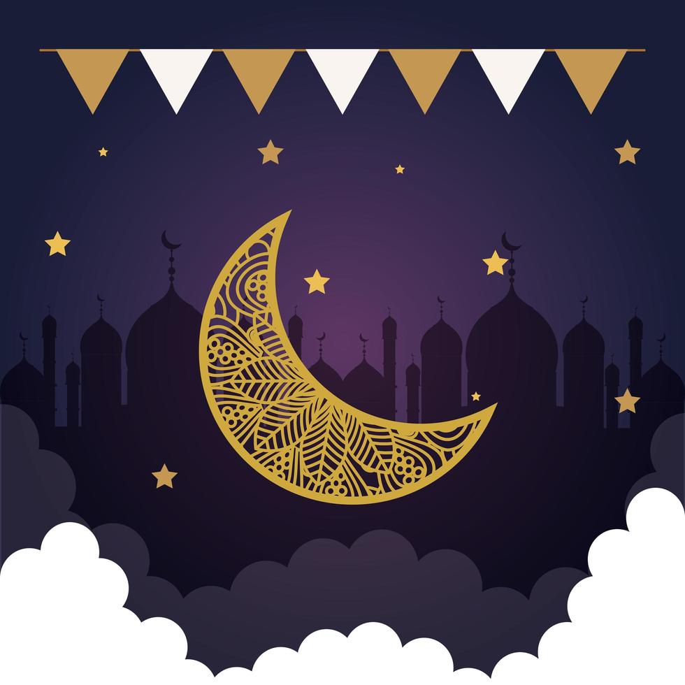 eid al adha mubarak, happy sacrifice feast, golden moon and garland hanging, cloudy night vector