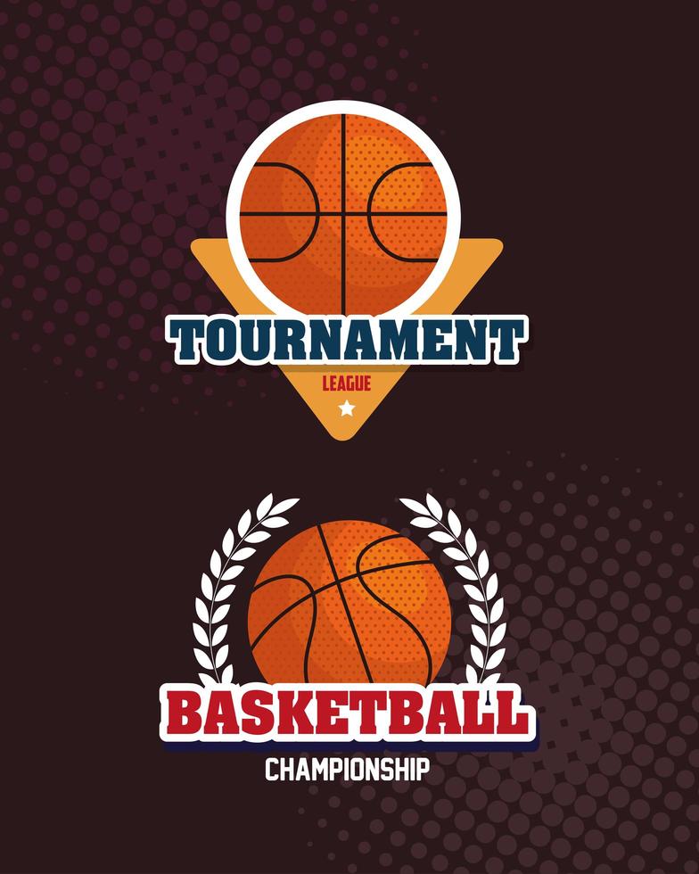 set labels, league basketball championship, emblem, designs with basketball ball vector