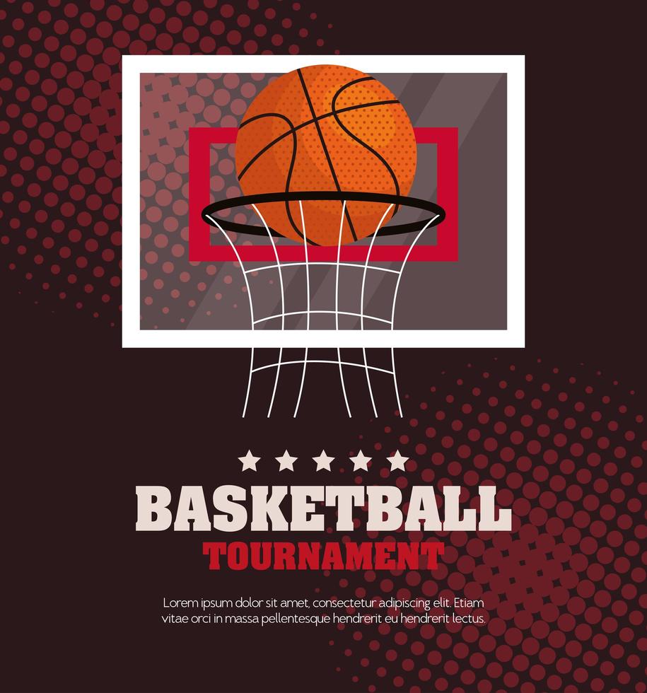 Torneo de baloncesto, emblema, diseño con pelota de baloncesto y canasta de aro. vector