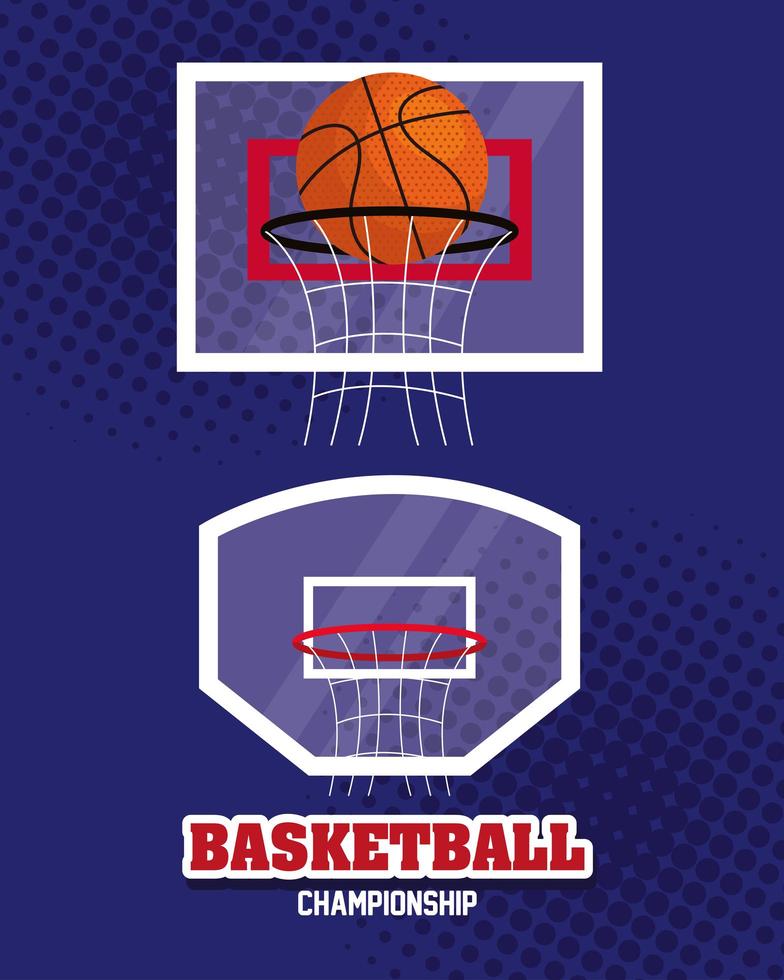 Establecer etiquetas, campeonato de baloncesto, emblema, diseño de baloncesto y canasta de aro vector
