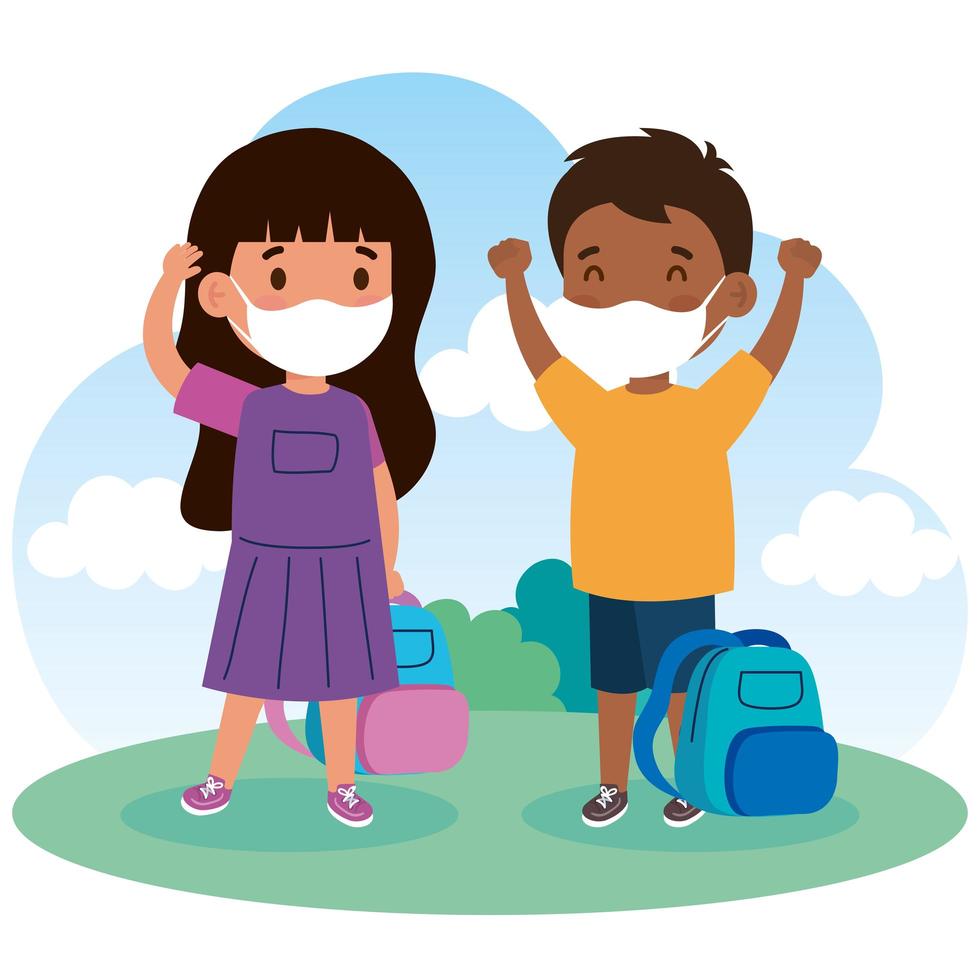 niños lindos con máscara médica para prevenir el coronavirus covid 19 con mochila escolar, pequeños estudiantes con máscara médica protectora vector