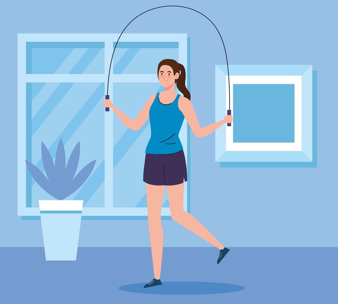 ejercicio en casa, mujer saltando la cuerda, usando la casa como gimnasio vector