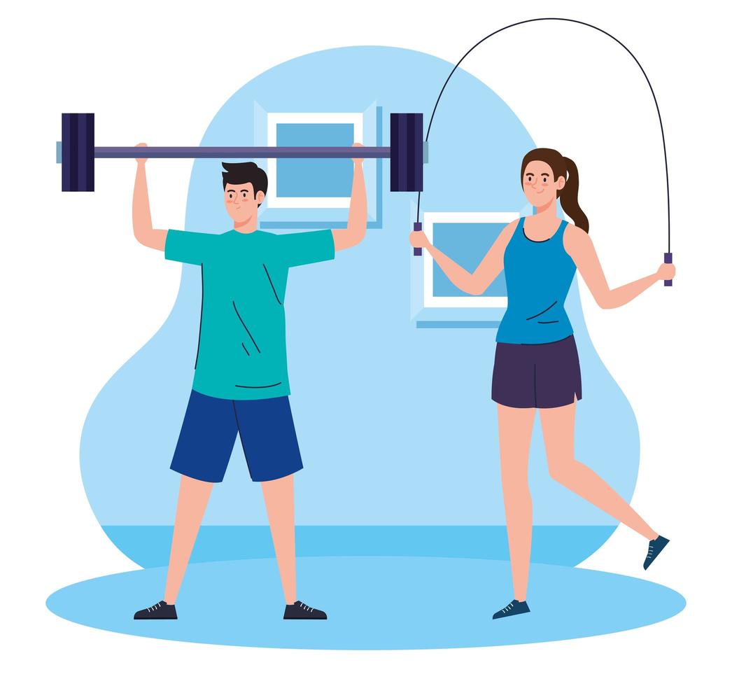 exercise at home, couple practicing exercise, using the house as a gym vector