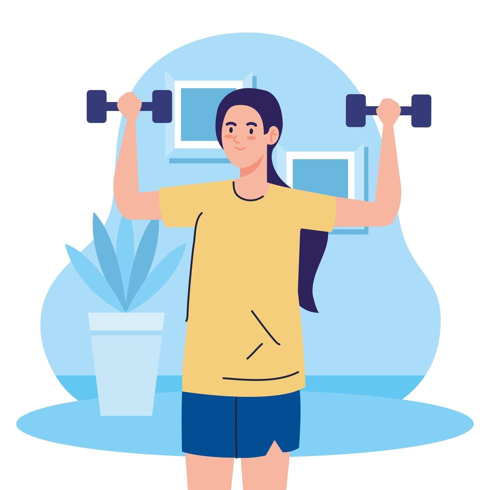 ejercicio en casa, mujer levantando pesas, usando la casa como gimnasio vector