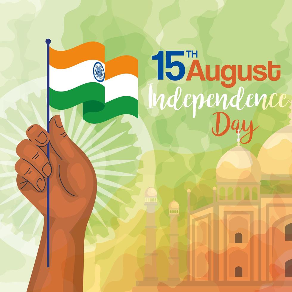 Famoso monumento de la India en el fondo para el feliz día de la independencia, con la mano y la bandera de la India vector