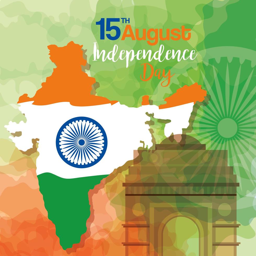 famosos monumentos de la india en el fondo para el feliz día de la independencia, mapa de la india con la rueda de ashoka vector