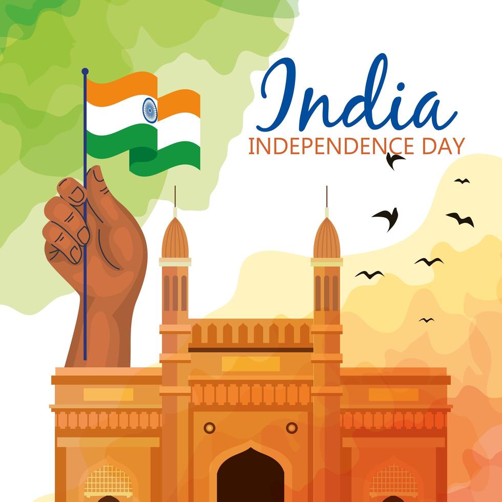 famous monument of india in background for happy independence day, with hand and flag of india vector