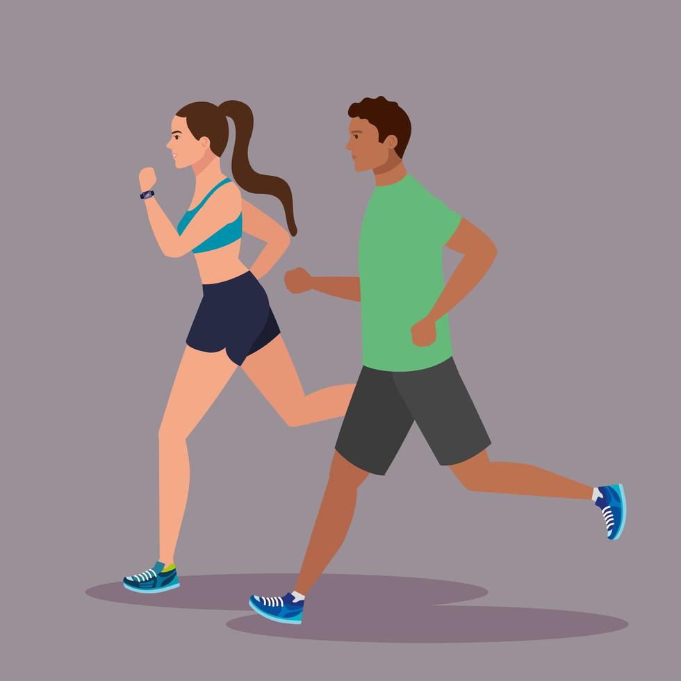 pareja corriendo, mujer y hombre en ropa deportiva trotando, gente deportista, deportistas vector