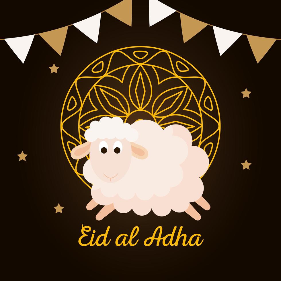 celebración del festival de la comunidad musulmana eid al adha, tarjeta con oveja sacrificada y mandala de oro, guirnaldas decorativas colgantes vector