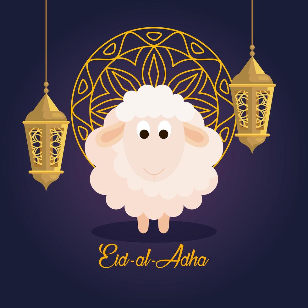 celebración del festival de la comunidad musulmana eid al adha, tarjeta con oveja sacrificada y mandala de oro, linternas colgando decoración vector