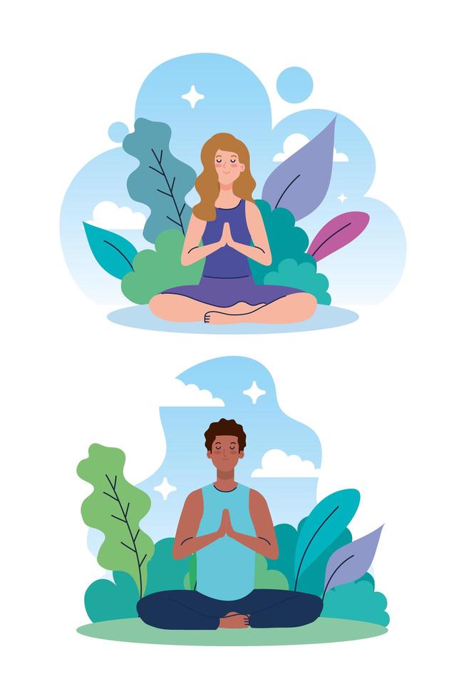 pareja meditando en la naturaleza y hojas, concepto de yoga, meditación, relajación, estilo de vida saludable vector