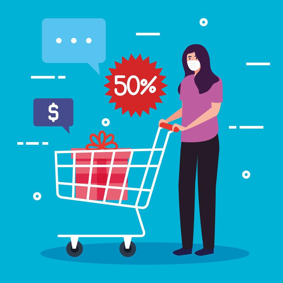 woman wearing medical mask, while push cart shopping, stay safe while shopping, discount, low price, products with fifty percent discount vector