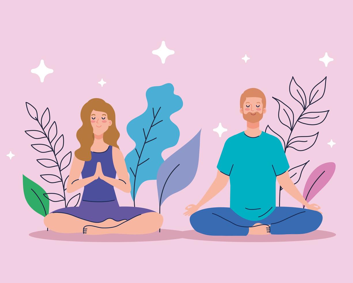 couple meditating in nature and leaves, concept for yoga, meditation, relax, healthy lifestyle vector