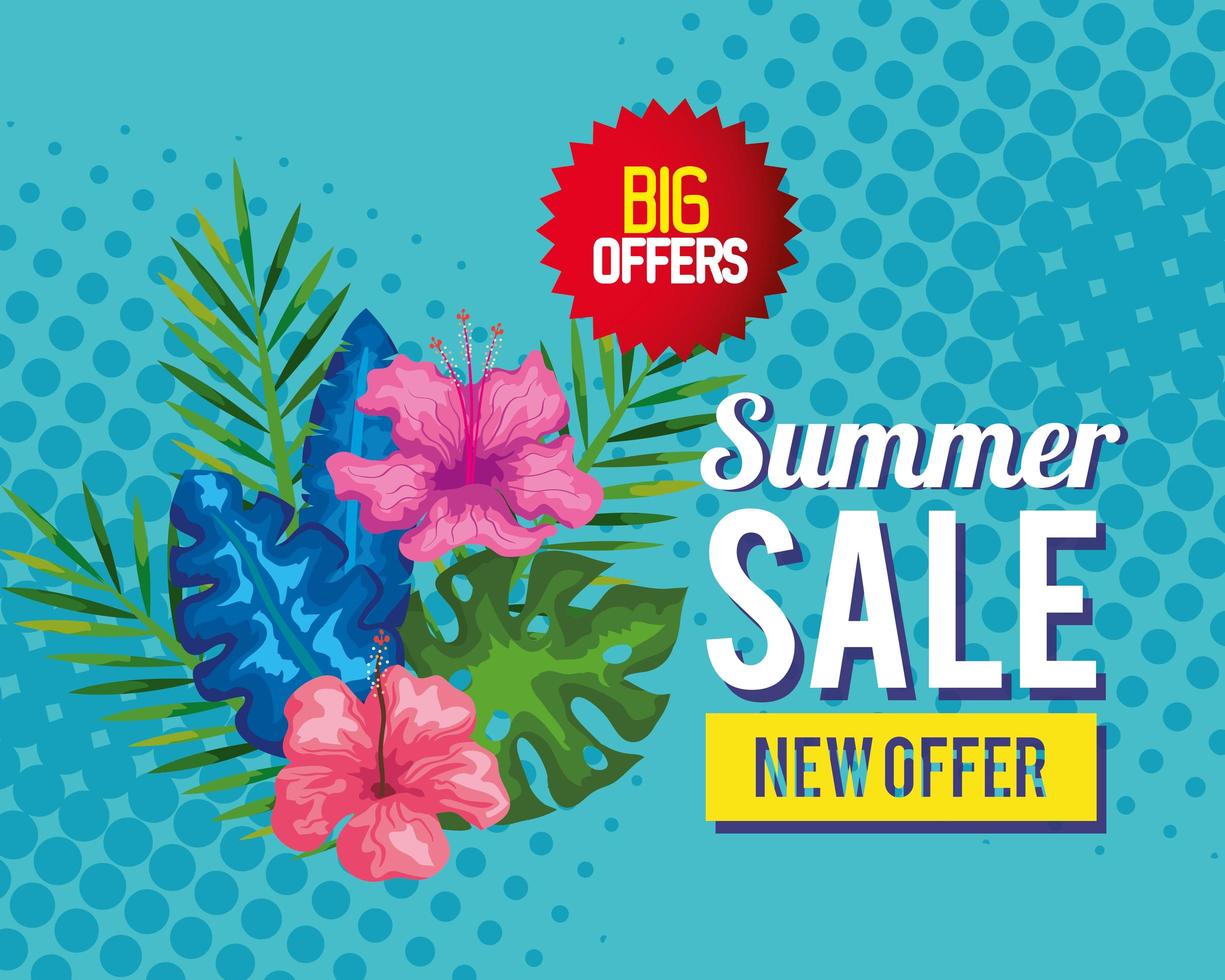 grandes ofertas venta de verano nueva oferta, banner con flores y hojas tropicales, banner floral exótico vector