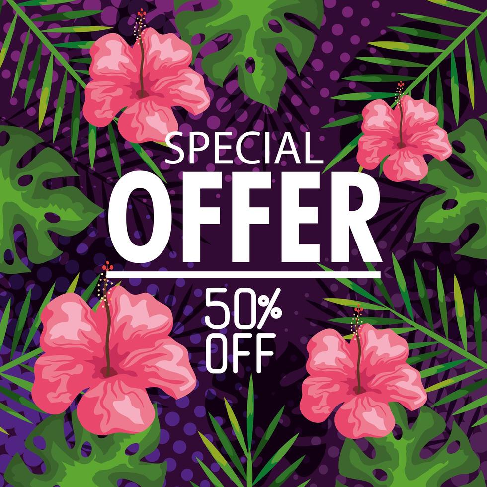 Oferta especial cincuenta por ciento de descuento, banner con fondo de flores y hojas tropicales, banner floral exótico vector