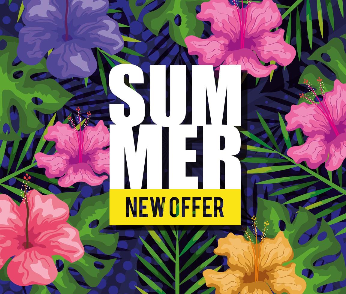 summer new offer, banner with flowers and tropical leaves background, exotic floral banner vector