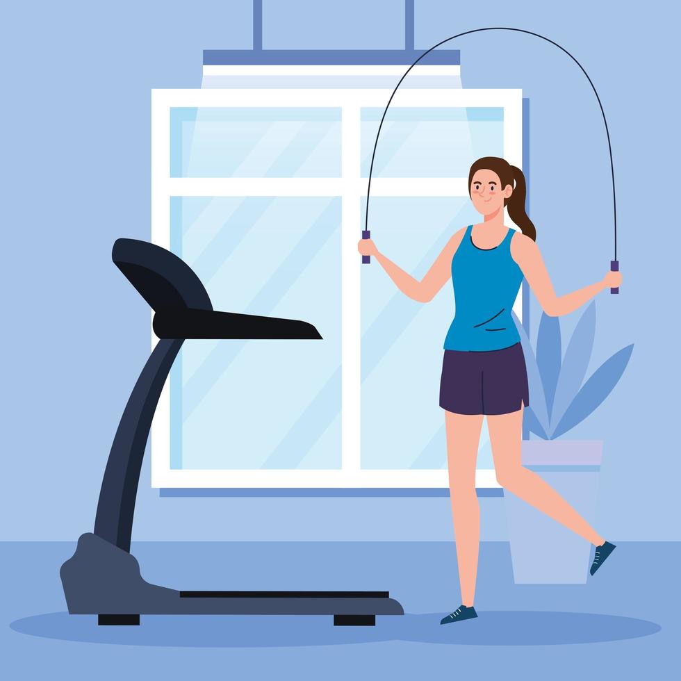 ejercicio en casa, mujer practicando ejercicio, usando la casa como gimnasio vector